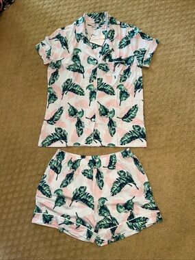 Women’s Petite Plume Green Pink Tropez Palm New Short Pajama Set Sz XL Cotton
